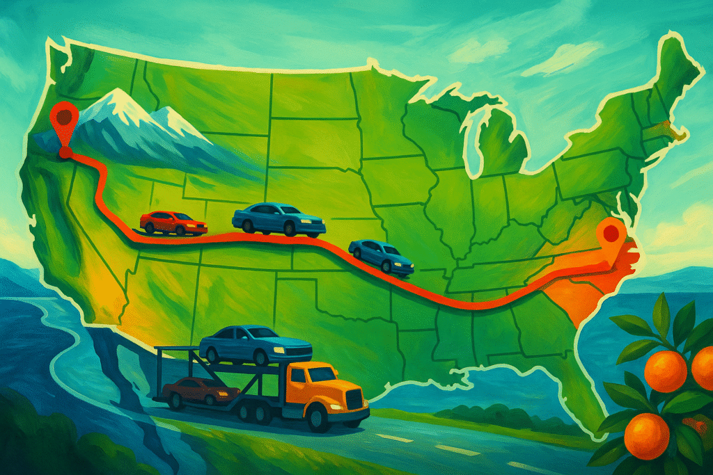 Map of United States showing route from California to North Carolina with cars traveling across country