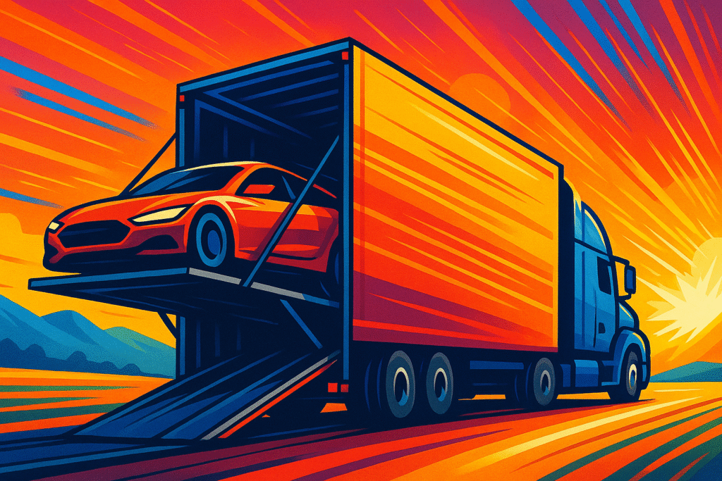 Express car shipping concept with a red sports car loading into an enclosed trailer with dynamic lines