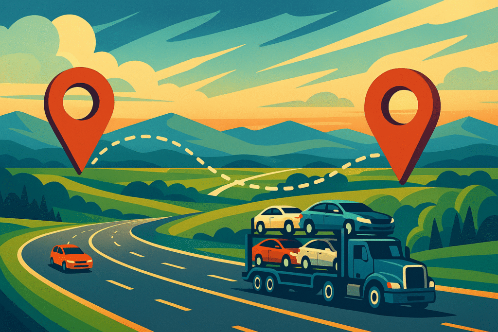 Stylized highway with map pins and car carrier representing car transport companies in Ohio