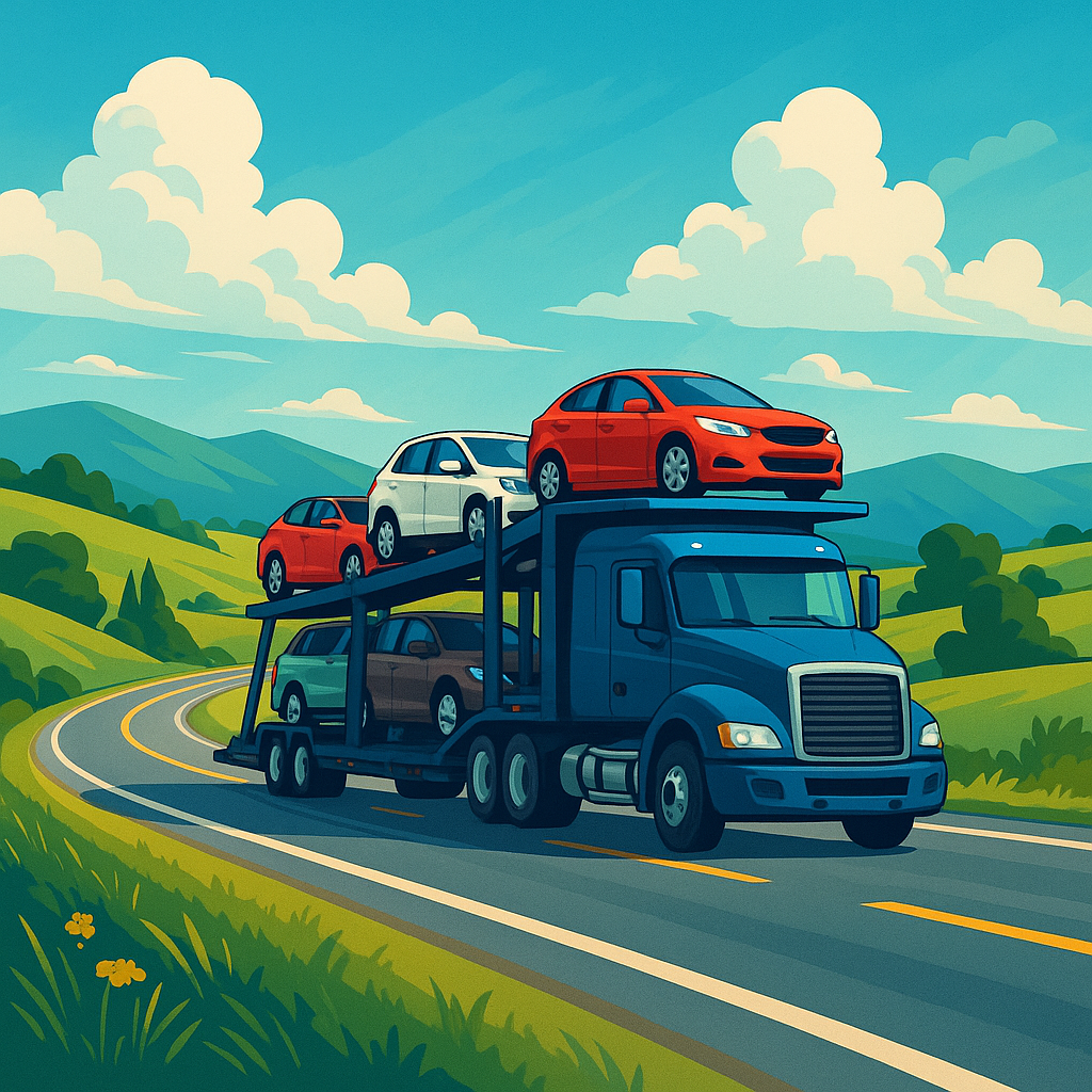 Car carrier truck traveling through green hills representing average cost of car shipping across country