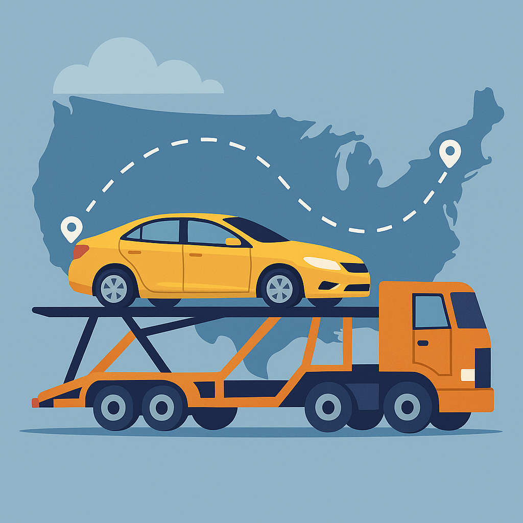 Illustration of a car on a transport trailer with a dotted route across the country, symbolizing delivery time