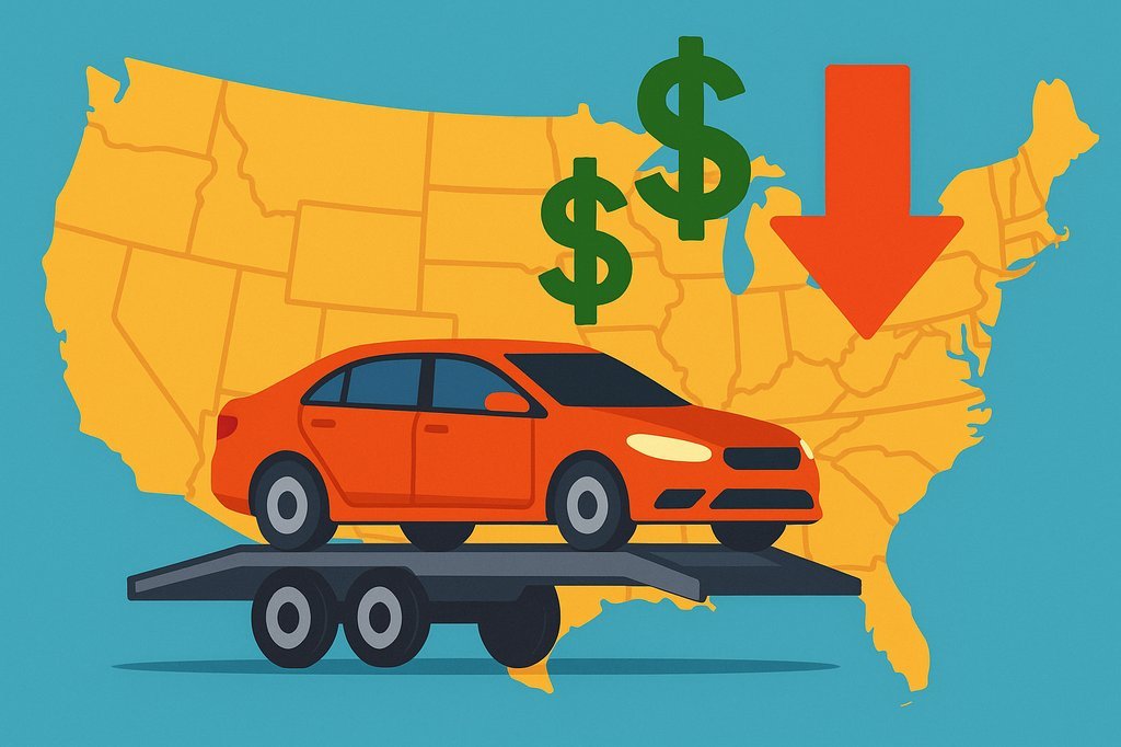 Illustration of budget car transport with car on trailer crossing US map with dollar signs and downward arrows