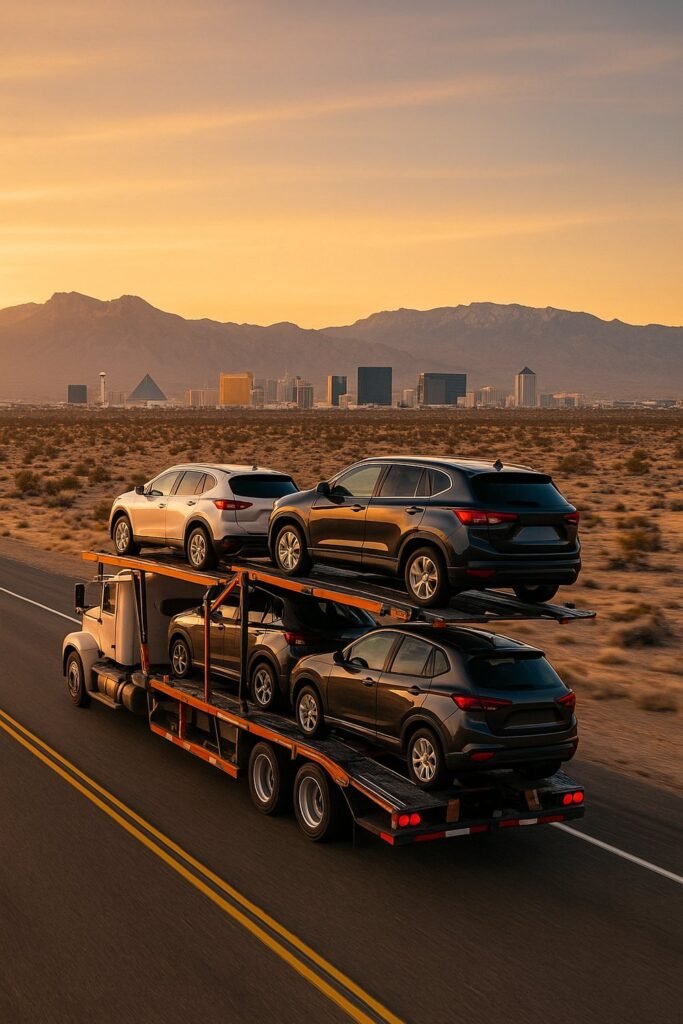 Creative image of a car loaded with personal items on a transport carrier