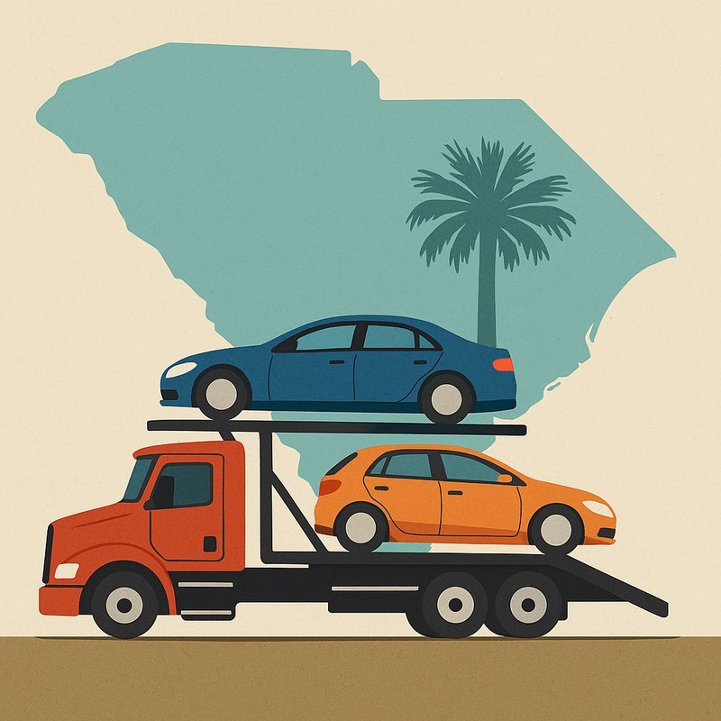 Illustration depicting car transport from Michigan to California via carrier