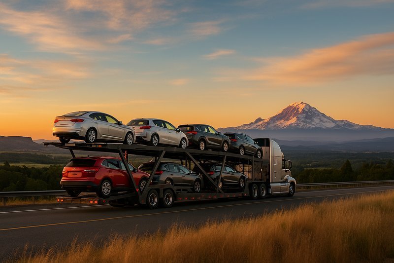 Luxury sports car being loaded into an enclosed car transport