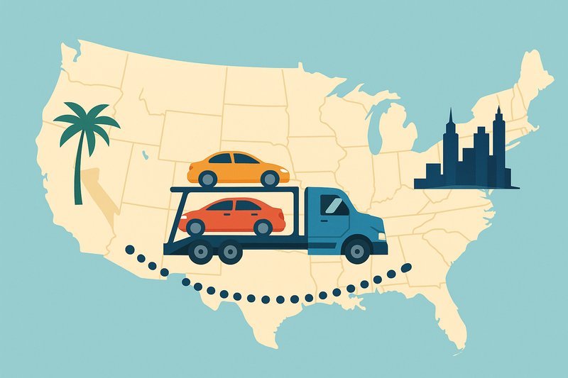 Artistic representation of a car carrier traveling from California to Florida across the U.S.