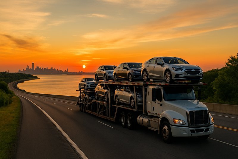 Car carrier traveling from Florida beaches to New York skyline