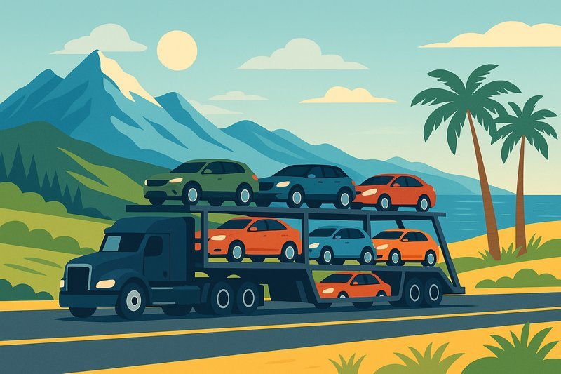Stylized comparison of a car on a carrier vs a person driving the car to another state