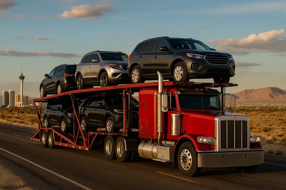 Stylised graphic of a car being shipped to Las Vegas with desert landscape