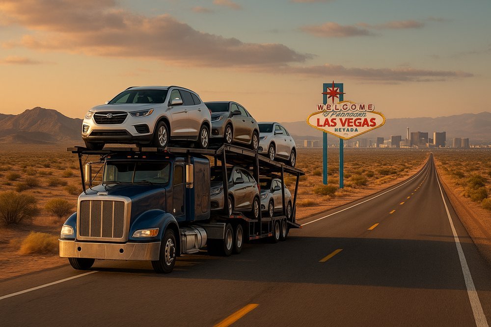 Artistic illustration of car shipping from Los Angeles to New York across diverse landscapes