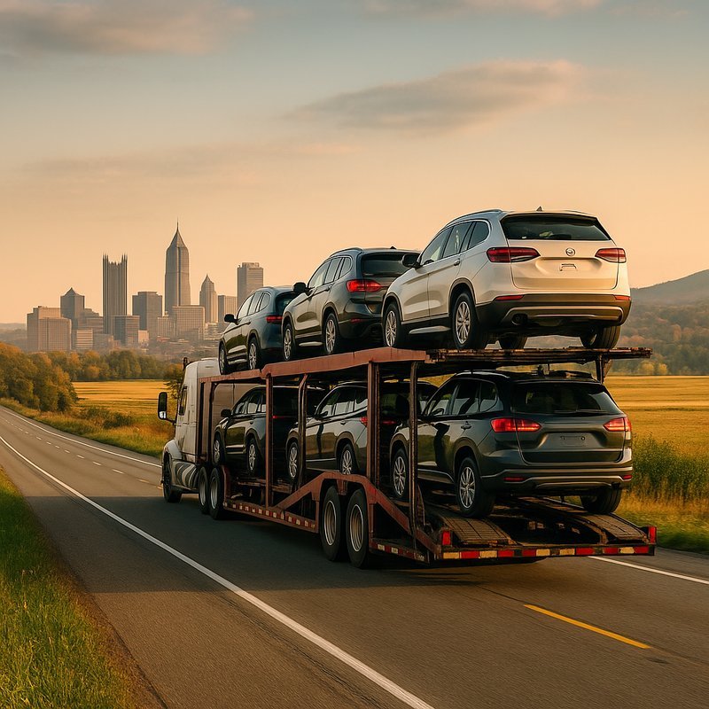 Car carrier traveling from Oregon forests to California beaches