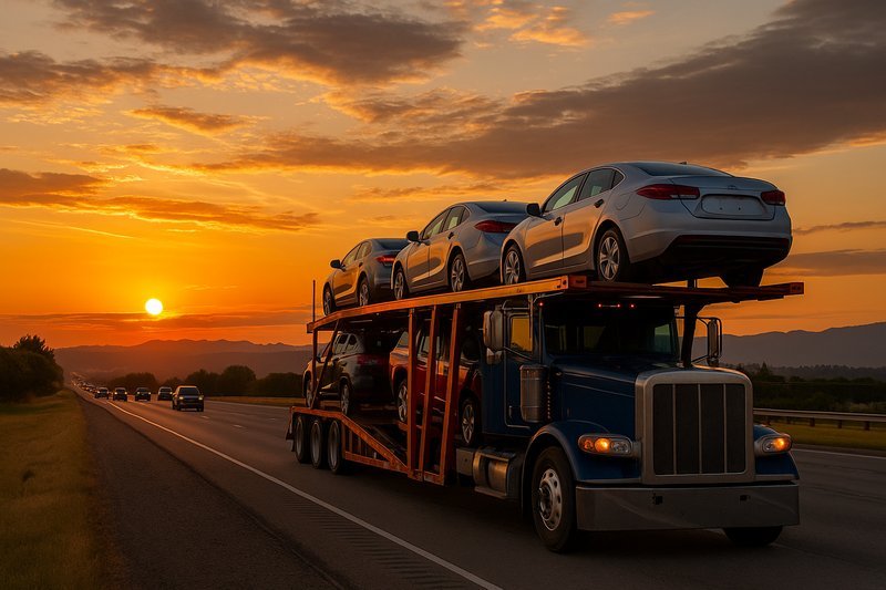 Car carrier driving from evergreen Washington to Texas plains