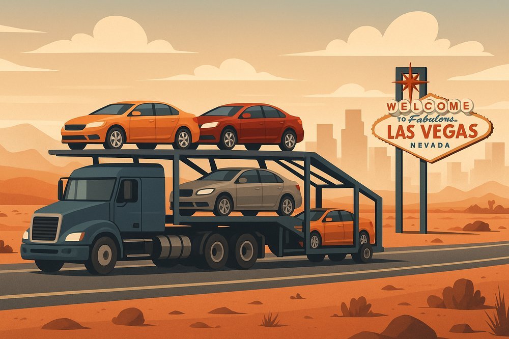 Artwork of SUV and pickup truck on a car carrier, highlighting heavy vehicle transport