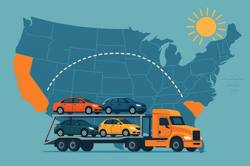 Elegant illustration of a classic car being shipped in an enclosed trailer