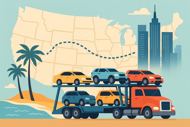 Artwork showing a car being shipped to warmer southern states for snowbird season