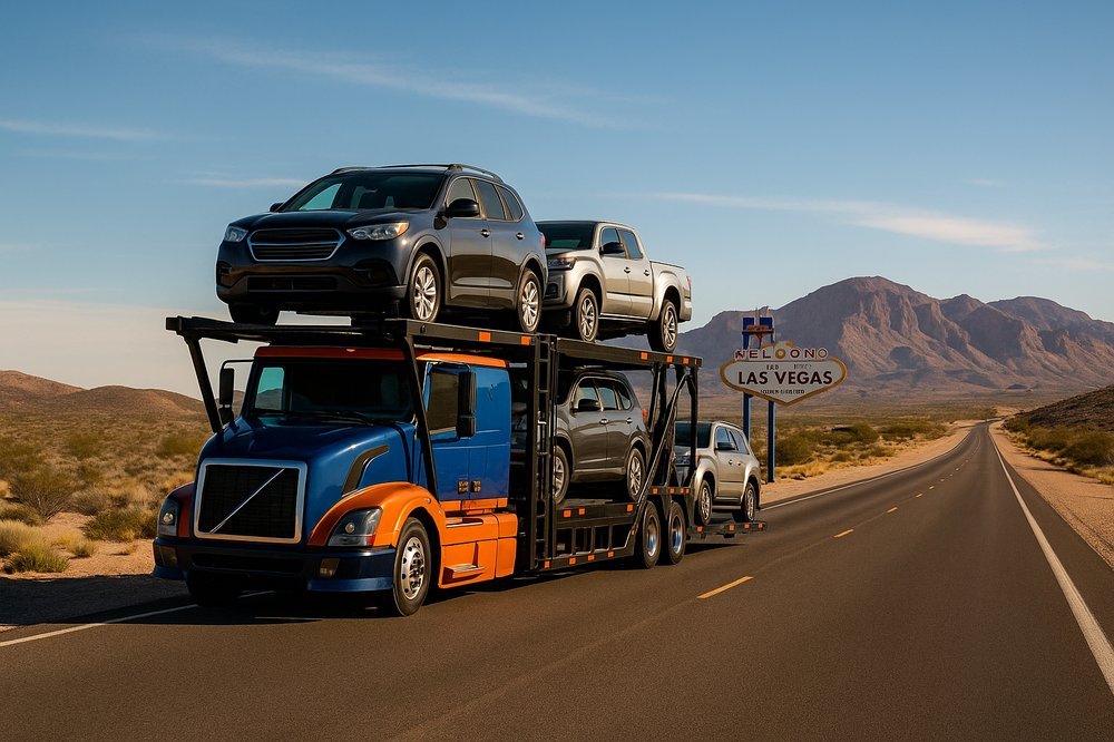 Colorful image of a couple preparing to ship their car for a long vacation with scenic background