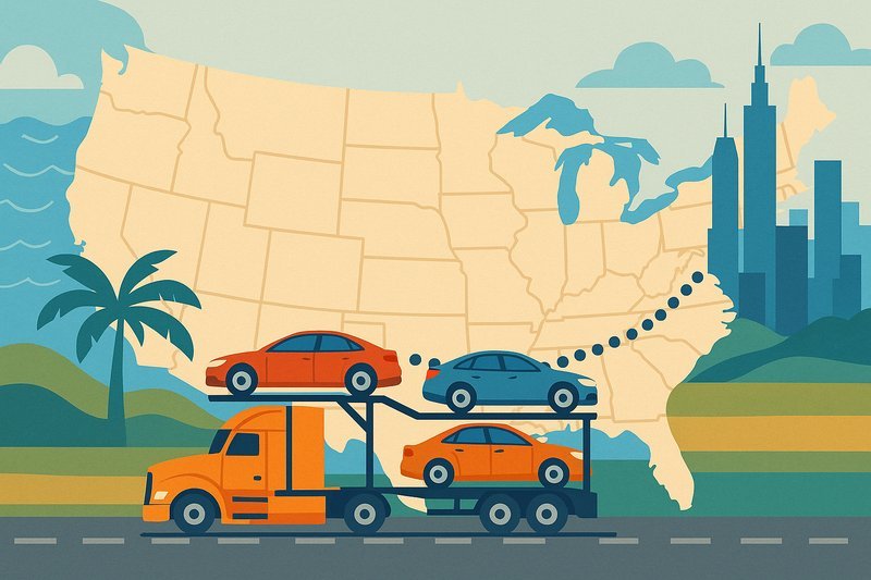 Illustration showing an ATV and boat being hauled across states on trailers