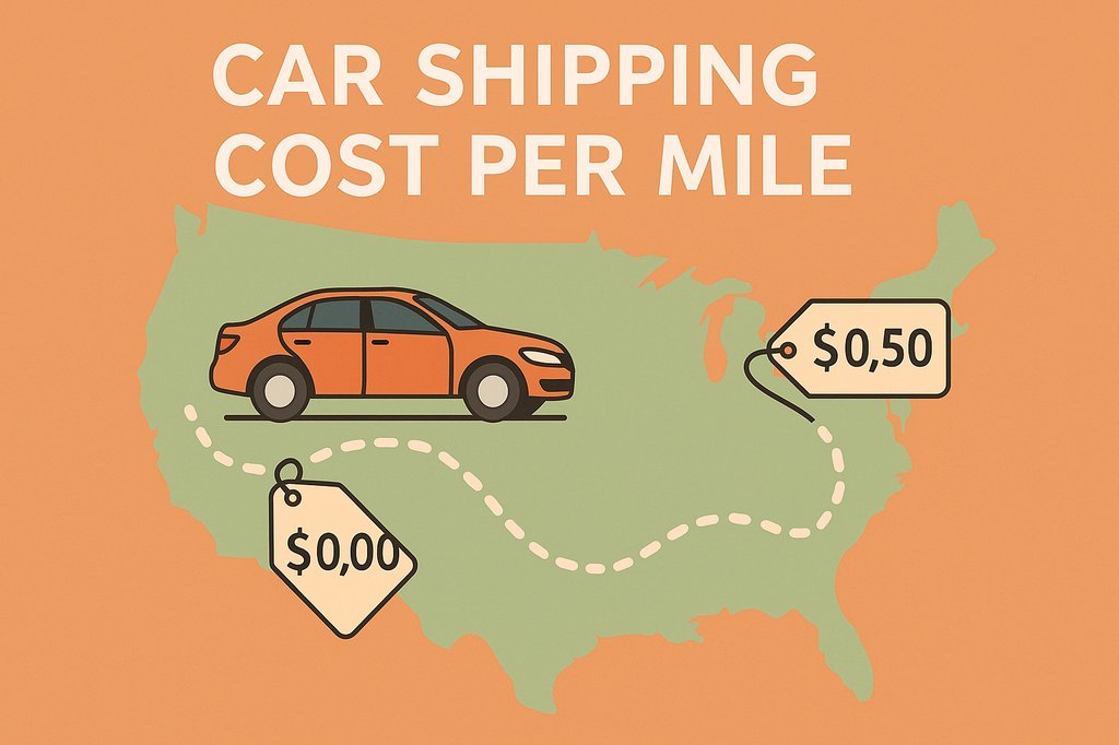 Illustration of a car driving across a map with cost per mile markers and dotted route representing car shipping cost per mile.
