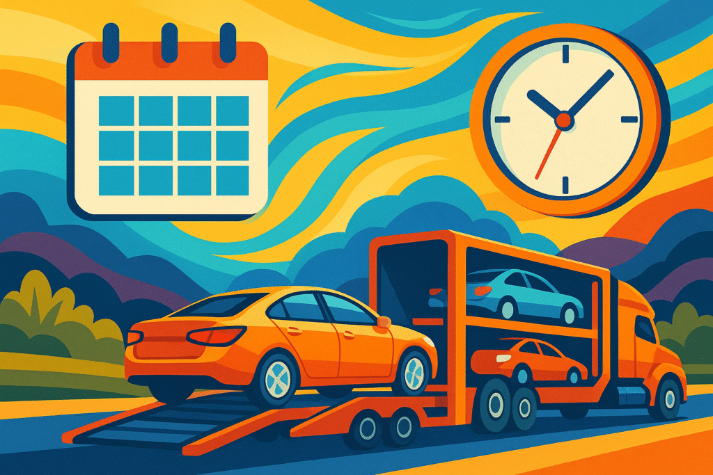 Illustration of scheduling car shipping with calendar, clock and cars loading onto trailer