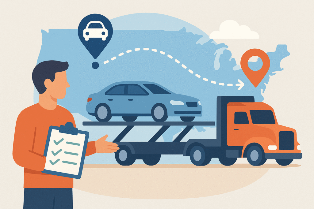 Illustration of a person handing car keys to a driver near a car on an auto transport truck representing first-time car shipping process