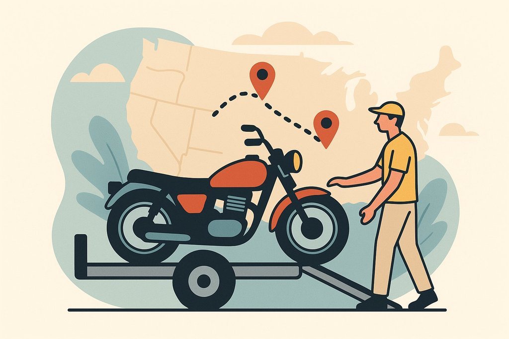Illustration of a motorcycle being loaded onto a transport trailer with a dotted route across a map representing shipping a motorcycle across state lines