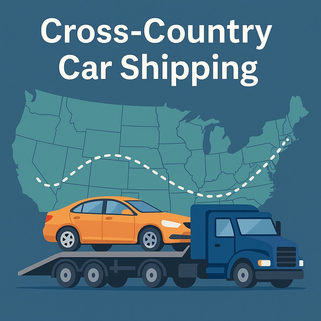Illustration of a car being moved from one state to another on an auto transport trailer with arrows pointing from one state outline to another