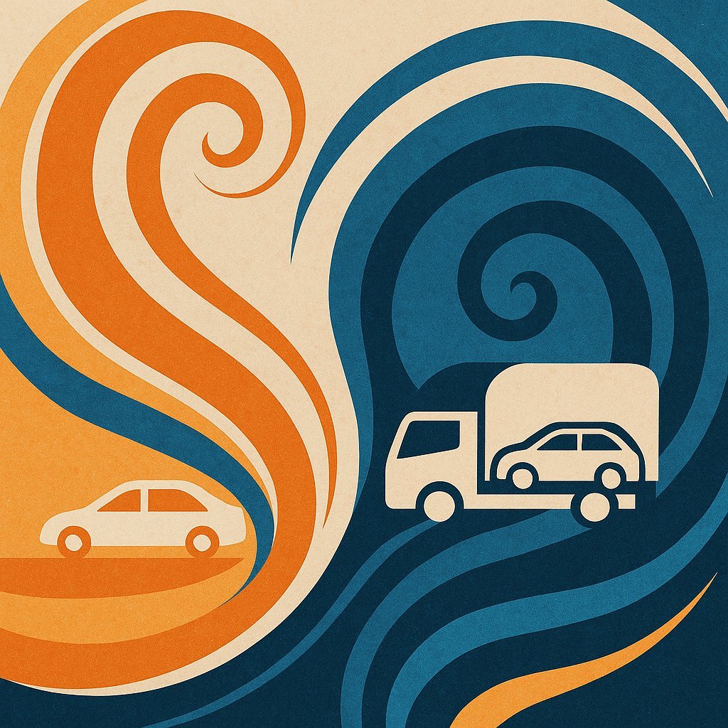 Abstract illustration representing door-to-door vs terminal car shipping with swirling patterns and vehicles